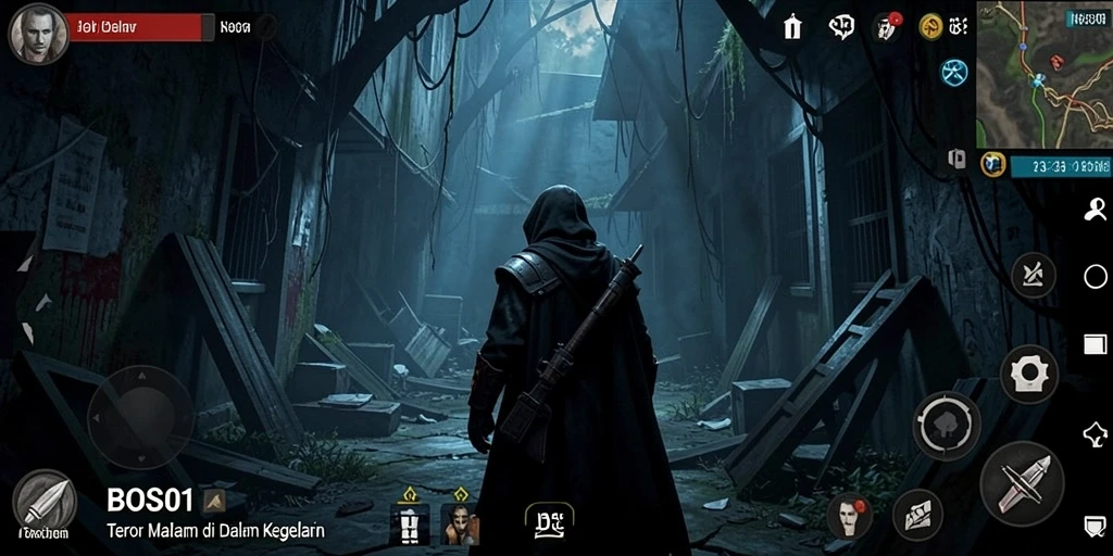 Tampilan gameplay BOS01 yang menakutkan dengan suasana kelam dan makhluk menyeramkan.