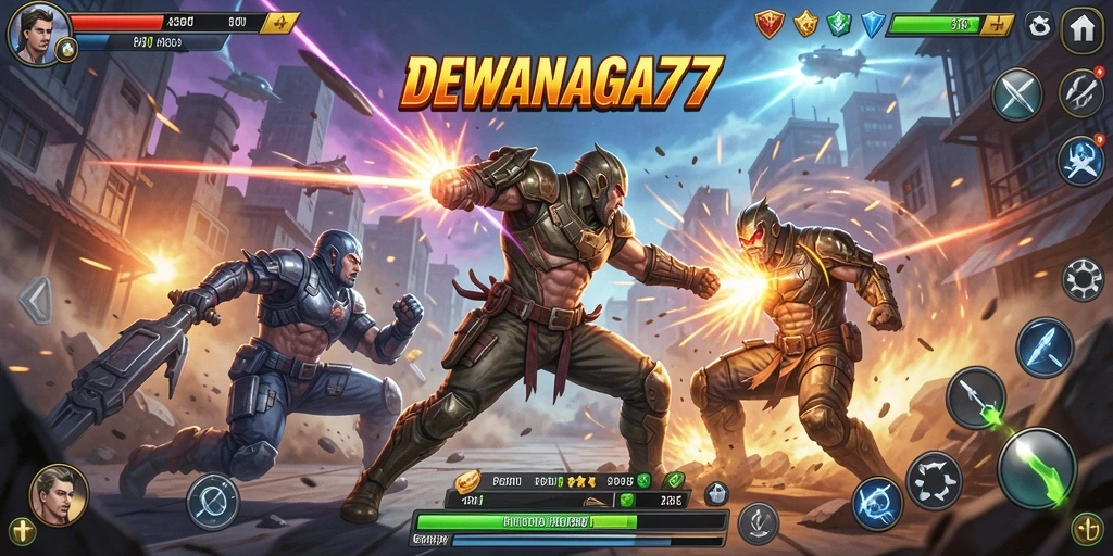 Tampilan aksi seru dalam DEWANAGA77 saat melawan musuh.